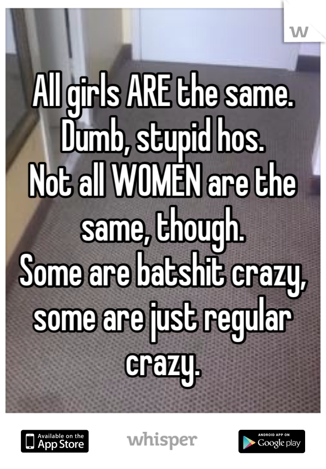 All girls ARE the same.
Dumb, stupid hos. 
Not all WOMEN are the same, though. 
Some are batshit crazy, some are just regular crazy. 