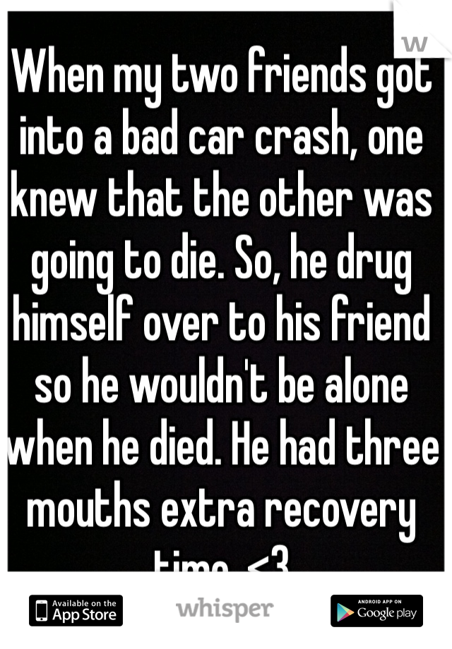 When my two friends got into a bad car crash, one knew that the other was going to die. So, he drug himself over to his friend so he wouldn't be alone when he died. He had three mouths extra recovery time. <3