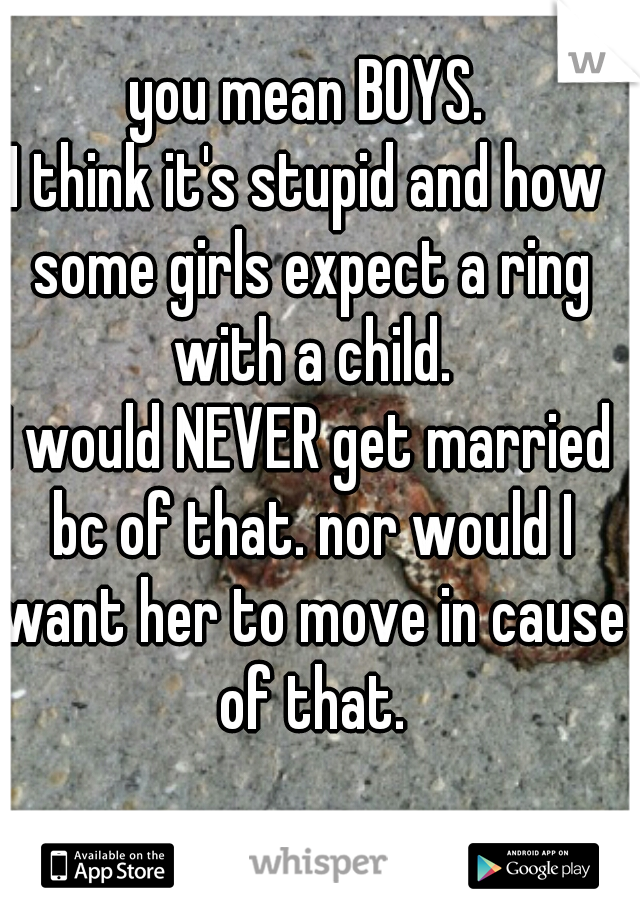 you mean BOYS.
I think it's stupid and how some girls expect a ring with a child.
I would NEVER get married bc of that. nor would I want her to move in cause of that.