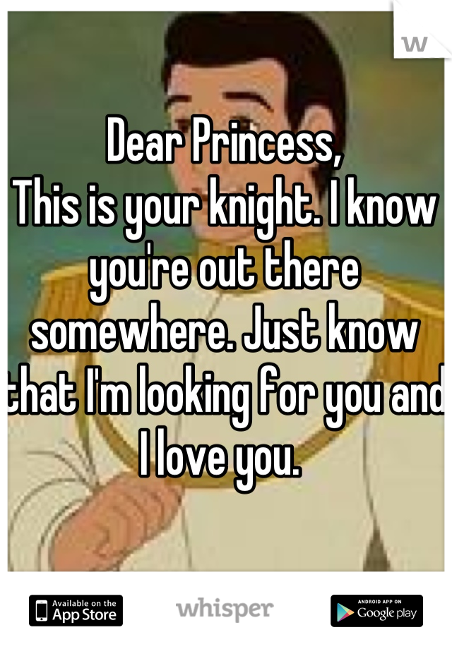 Dear Princess,
This is your knight. I know you're out there somewhere. Just know that I'm looking for you and I love you. 