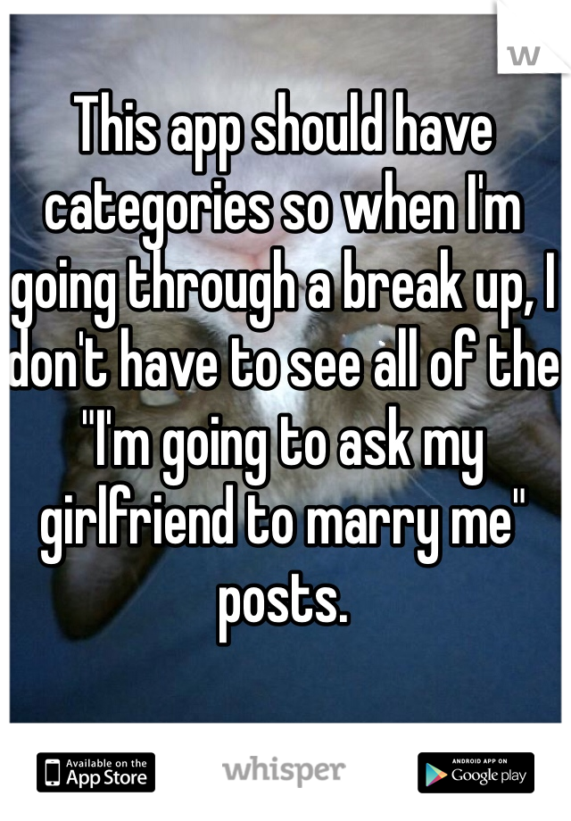 This app should have categories so when I'm going through a break up, I don't have to see all of the 
"I'm going to ask my girlfriend to marry me" posts. 
