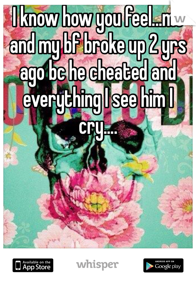 I know how you feel...me and my bf broke up 2 yrs ago bc he cheated and everything I see him I cry....