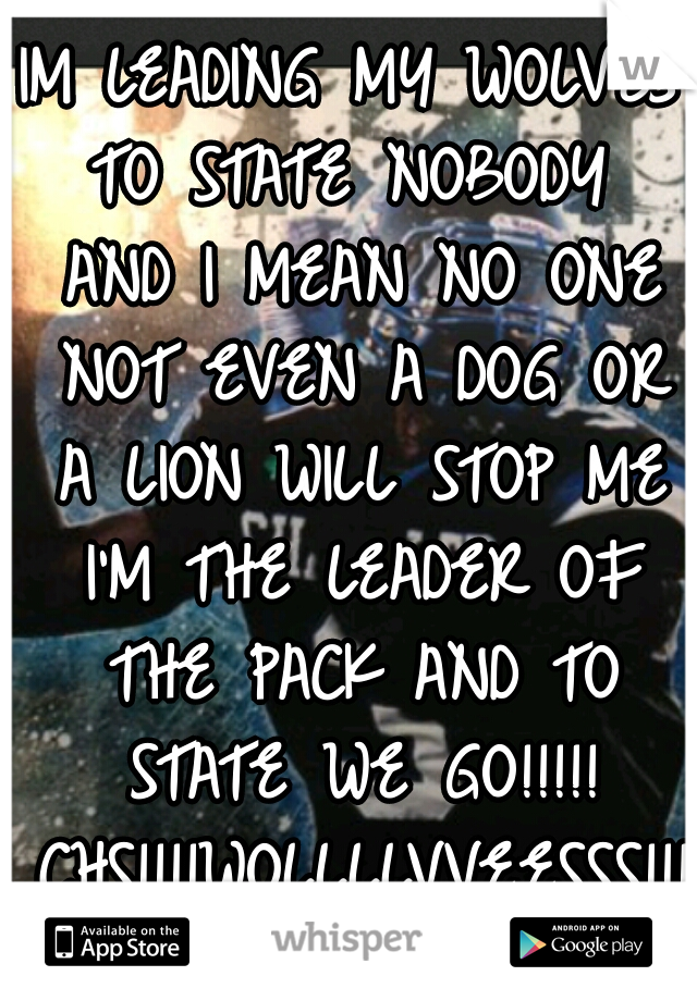 IM LEADING MY WOLVES TO STATE NOBODY  AND I MEAN NO ONE NOT EVEN A DOG OR A LION WILL STOP ME I'M THE LEADER OF THE PACK AND TO STATE WE GO!!!!! CHS!!!!WOLLLLVVEESSS!!!!