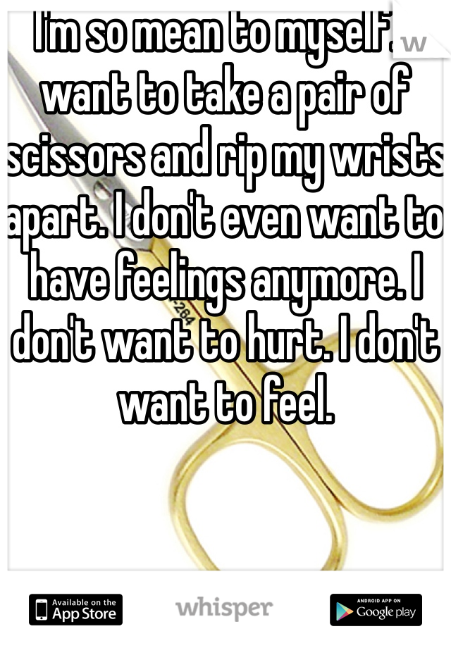 I'm so mean to myself. I want to take a pair of scissors and rip my wrists apart. I don't even want to have feelings anymore. I don't want to hurt. I don't want to feel.