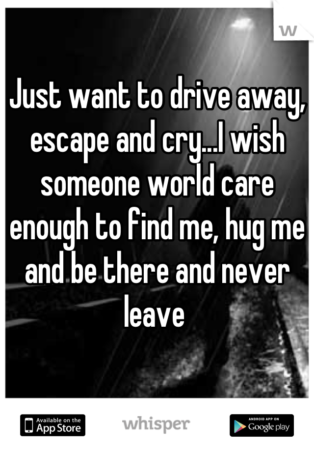 Just want to drive away, escape and cry...I wish someone world care enough to find me, hug me and be there and never leave 