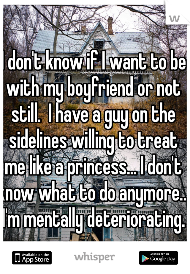 I don't know if I want to be with my boyfriend or not still.  I have a guy on the sidelines willing to treat me like a princess... I don't know what to do anymore... I'm mentally deteriorating.  