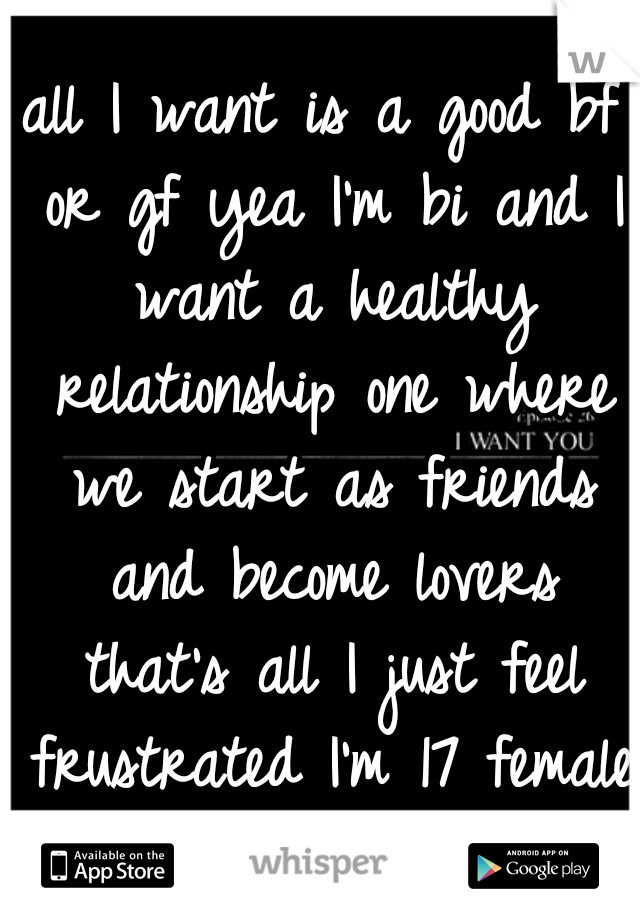 all I want is a good bf or gf yea I'm bi and I want a healthy relationship one where we start as friends and become lovers that's all I just feel frustrated I'm 17 female 