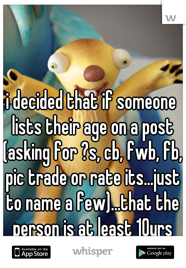 i decided that if someone lists their age on a post (asking for ?s, cb, fwb, fb, pic trade or rate its...just to name a few)...that the person is at least 10yrs younger than posted 