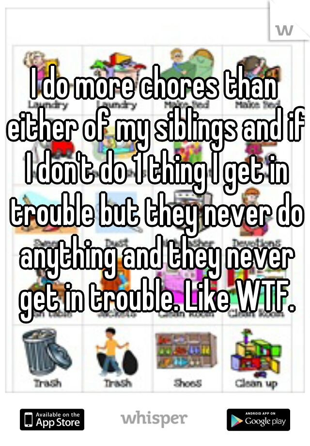 I do more chores than either of my siblings and if I don't do 1 thing I get in trouble but they never do anything and they never get in trouble. Like WTF.