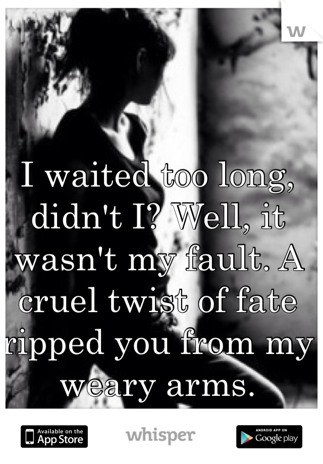 I waited too long, didn't I? Well, it wasn't my fault. A cruel twist of fate ripped you from my weary arms. 