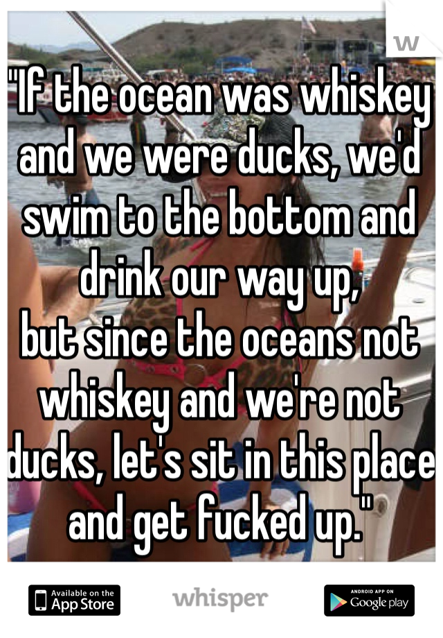 "If the ocean was whiskey and we were ducks, we'd swim to the bottom and drink our way up,
but since the oceans not whiskey and we're not ducks, let's sit in this place and get fucked up."