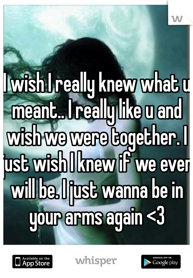 I wish I really knew what u meant.. I really like u and wish we were together. I just wish I knew if we ever will be. I just wanna be in your arms again <3