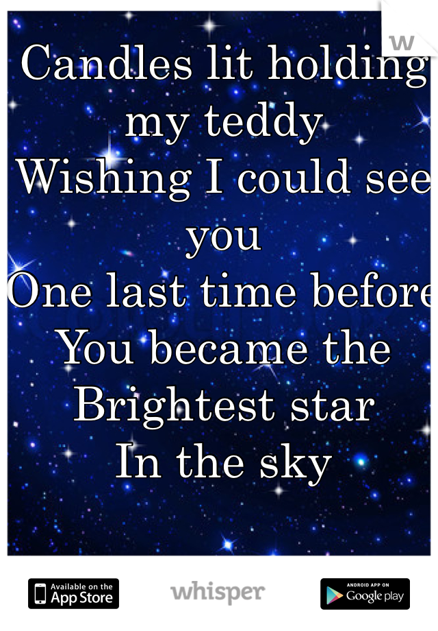 Candles lit holding my teddy 
Wishing I could see you 
One last time before
You became the 
Brightest star
In the sky