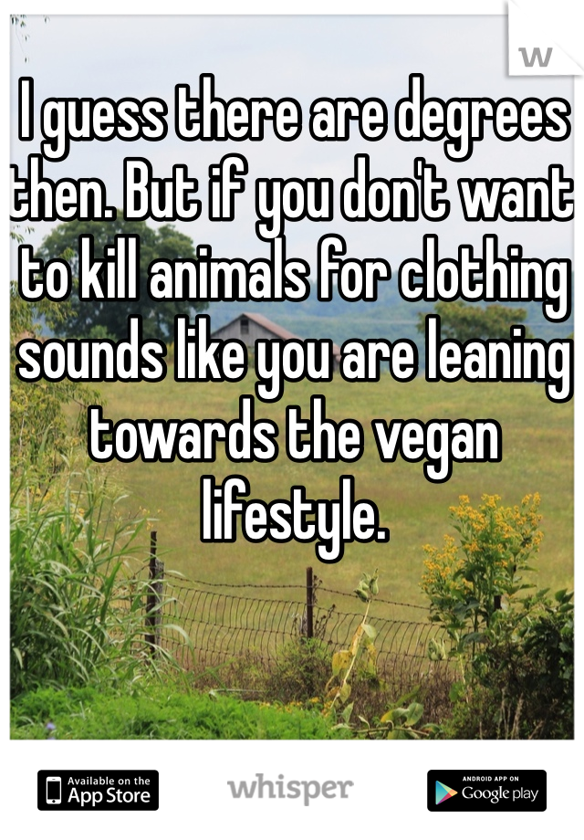 I guess there are degrees then. But if you don't want to kill animals for clothing sounds like you are leaning towards the vegan lifestyle. 