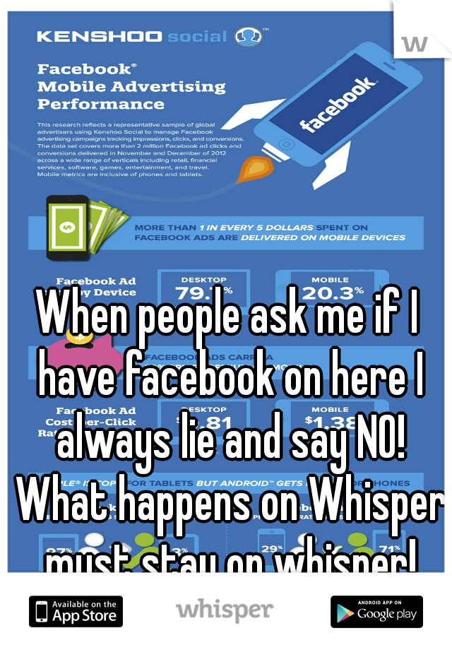 When people ask me if I have facebook on here I always lie and say NO! What happens on Whisper must stay on whisper!