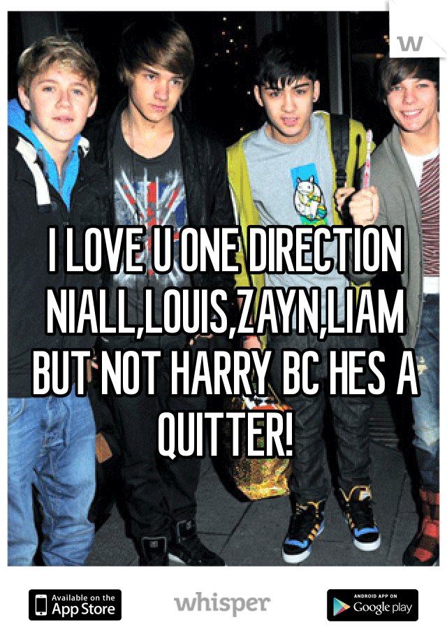 I LOVE U ONE DIRECTION NIALL,LOUIS,ZAYN,LIAM  BUT NOT HARRY BC HES A QUITTER!