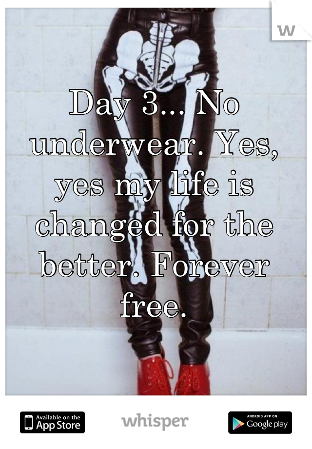 Day 3... No underwear. Yes, yes my life is changed for the better. Forever free.