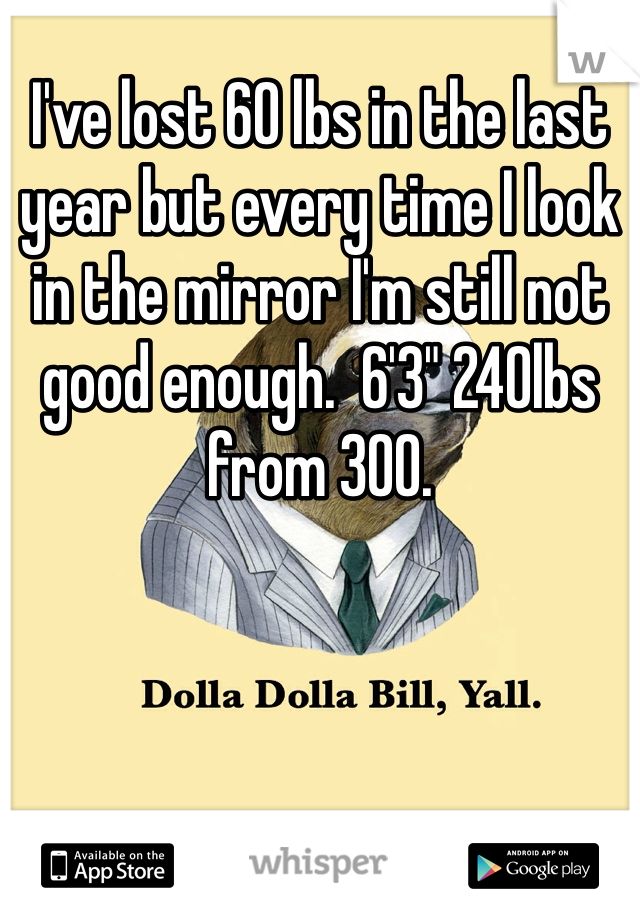 I've lost 60 lbs in the last year but every time I look in the mirror I'm still not good enough.  6'3" 240lbs from 300.  