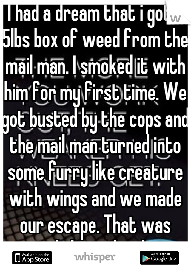 I had a dream that i got a 5lbs box of weed from the mail man. I smoked it with him for my first time. We got busted by the cops and the mail man turned into some furry like creature with wings and we made our escape. That was weird shit right there