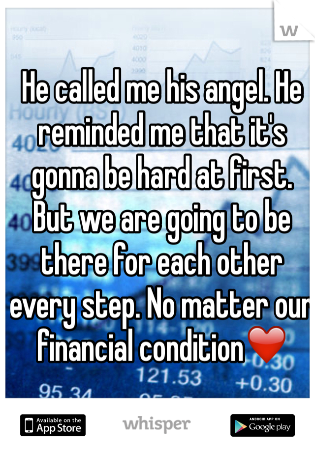 He called me his angel. He reminded me that it's gonna be hard at first. But we are going to be there for each other every step. No matter our financial condition❤️