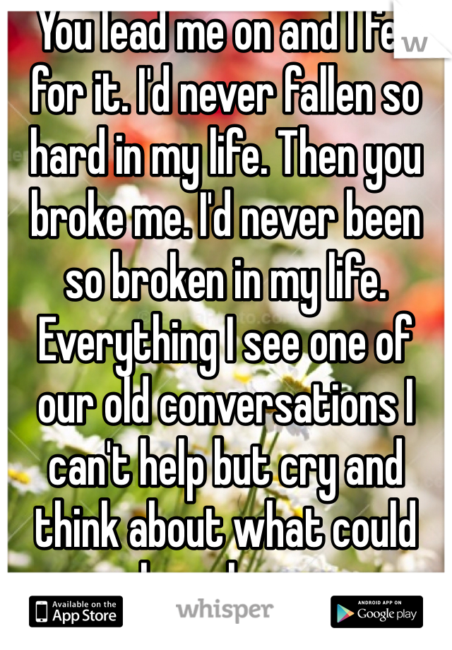 You lead me on and I fell for it. I'd never fallen so hard in my life. Then you broke me. I'd never been so broken in my life. Everything I see one of our old conversations I can't help but cry and think about what could have been. 