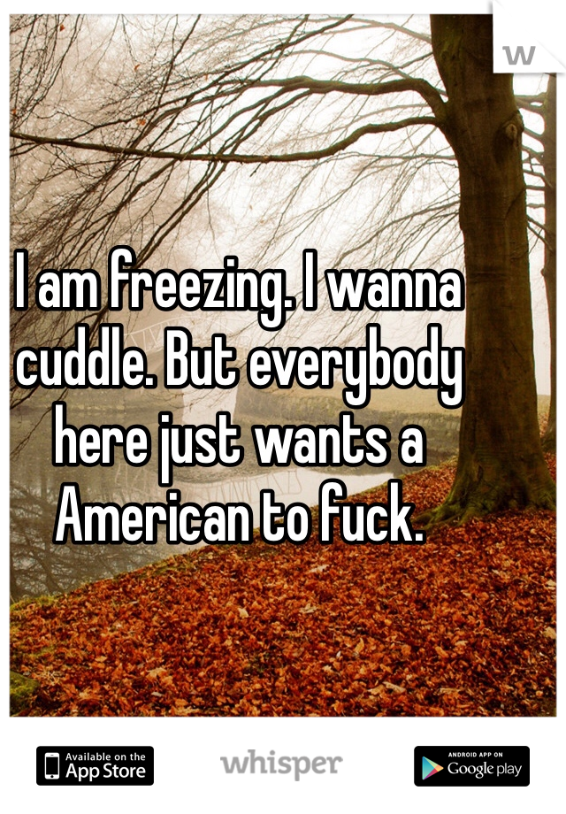 I am freezing. I wanna cuddle. But everybody here just wants a American to fuck. 