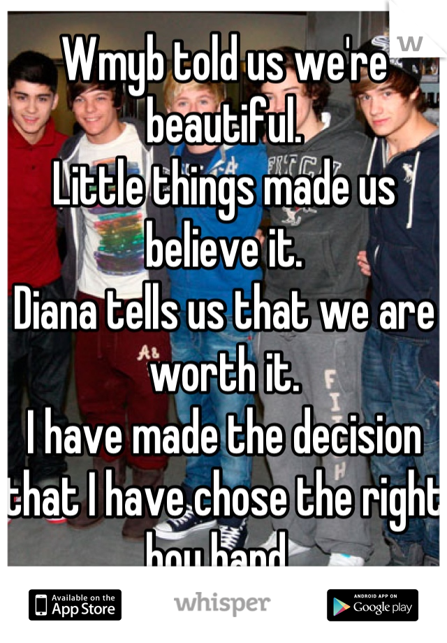 Wmyb told us we're beautiful. 
Little things made us believe it. 
Diana tells us that we are worth it. 
I have made the decision that I have chose the right boy band. 