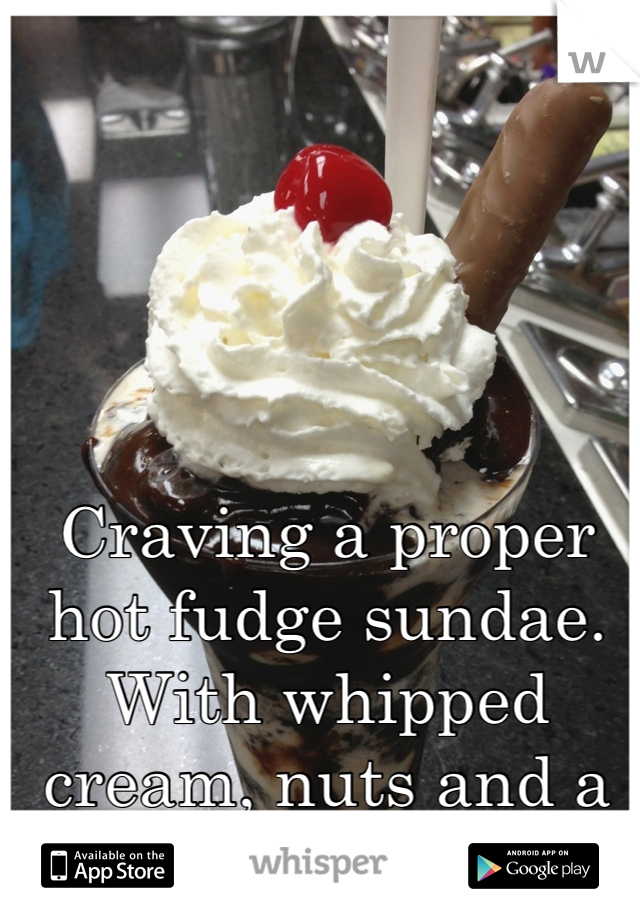 Craving a proper hot fudge sundae. With whipped cream, nuts and a cherry on top :)