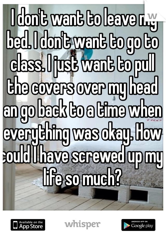  I don't want to leave my bed. I don't want to go to class. I just want to pull the covers over my head an go back to a time when everything was okay. How could I have screwed up my life so much?