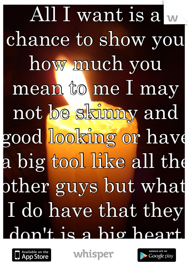 All I want is a chance to show you how much you mean to me I may not be skinny and good looking or have a big tool like all the other guys but what I do have that they don't is a big heart that will show you the love you deserve and will treat you like a queen everyday we are together 