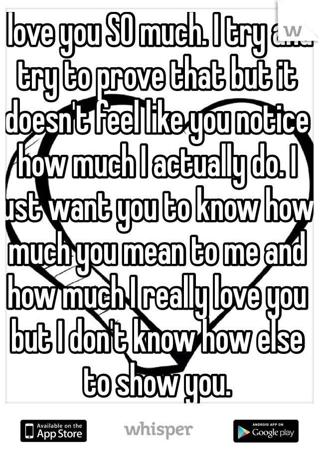 I love you SO much. I try and try to prove that but it doesn't feel like you notice how much I actually do. I just want you to know how much you mean to me and how much I really love you but I don't know how else to show you.