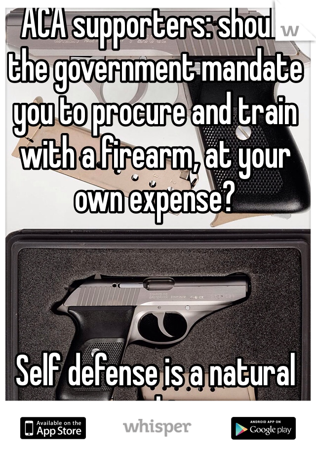 ACA supporters: should the government mandate you to procure and train with a firearm, at your own expense? 



Self defense is a natural right. 