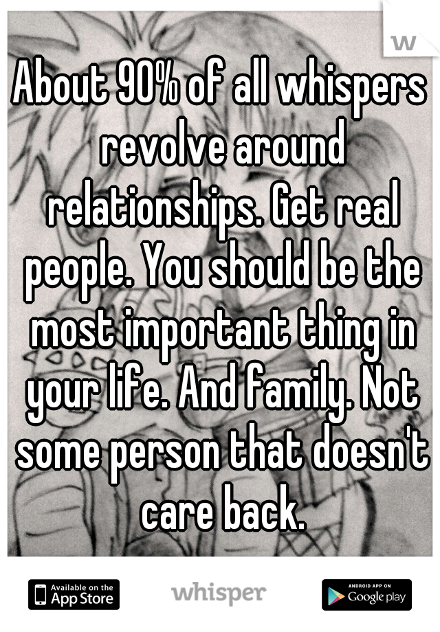 About 90% of all whispers revolve around relationships. Get real people. You should be the most important thing in your life. And family. Not some person that doesn't care back.