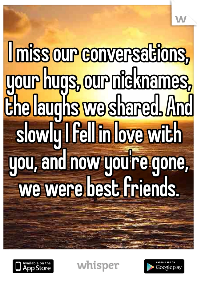 I miss our conversations, your hugs, our nicknames, the laughs we shared. And slowly I fell in love with you, and now you're gone, we were best friends. 
