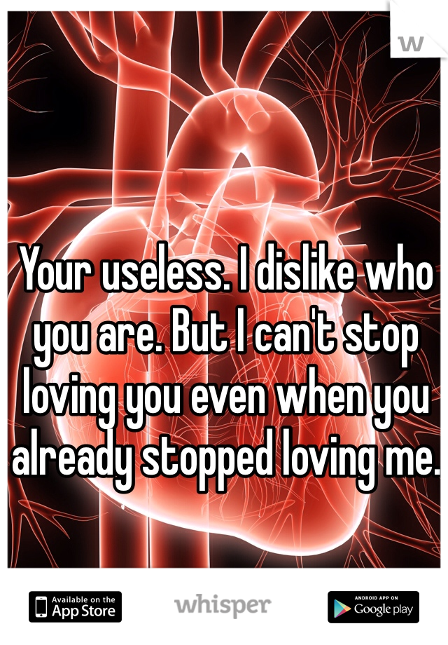 Your useless. I dislike who you are. But I can't stop loving you even when you already stopped loving me. 