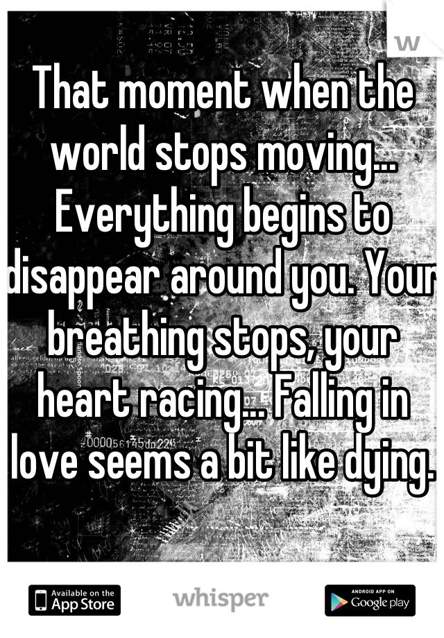 That moment when the world stops moving... Everything begins to disappear around you. Your breathing stops, your heart racing... Falling in love seems a bit like dying.