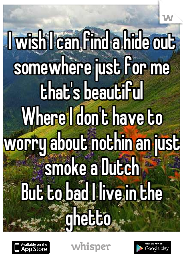 I wish I can find a hide out somewhere just for me that's beautiful 
Where I don't have to worry about nothin an just smoke a Dutch 
But to bad I live in the ghetto  