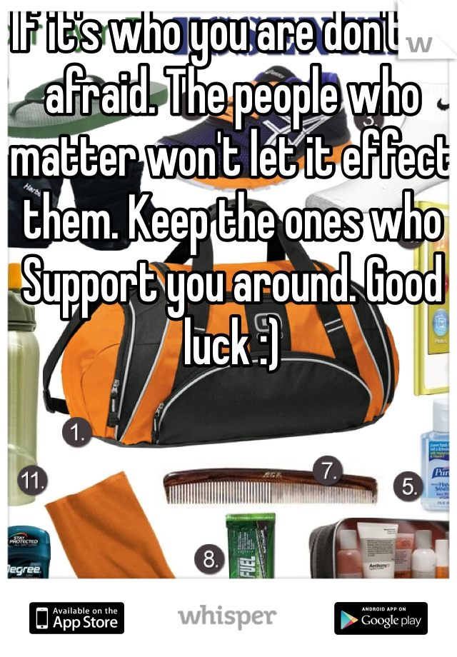 If it's who you are don't be afraid. The people who matter won't let it effect them. Keep the ones who
Support you around. Good luck :) 