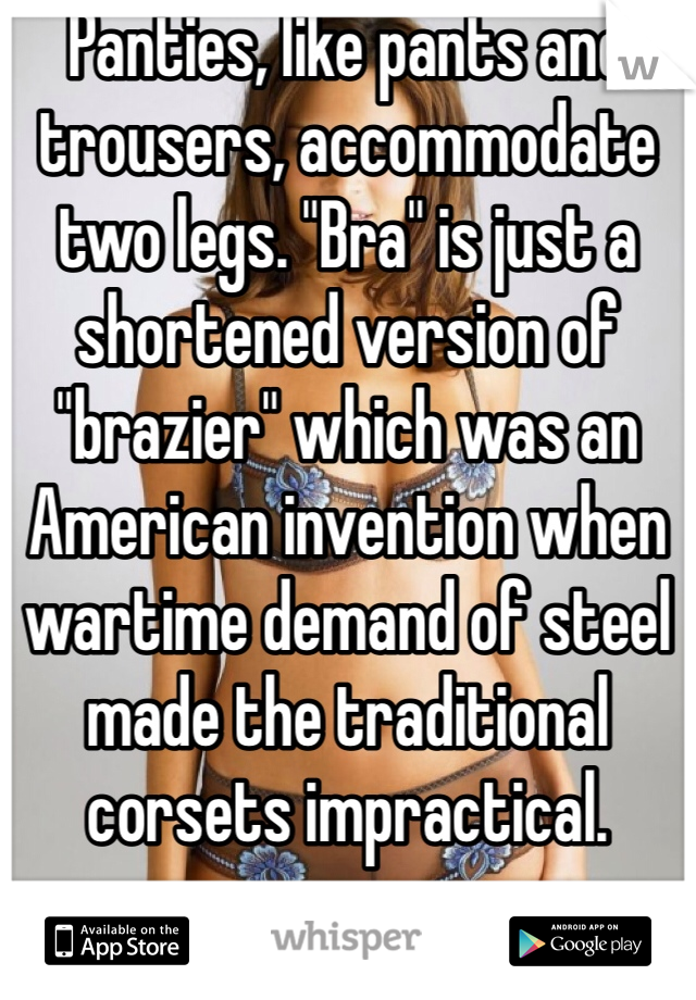 Panties, like pants and trousers, accommodate two legs. "Bra" is just a shortened version of "brazier" which was an American invention when wartime demand of steel made the traditional corsets impractical.