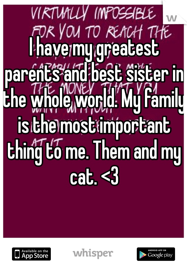 I have my greatest parents and best sister in the whole world. My family is the most important thing to me. Them and my cat. <3