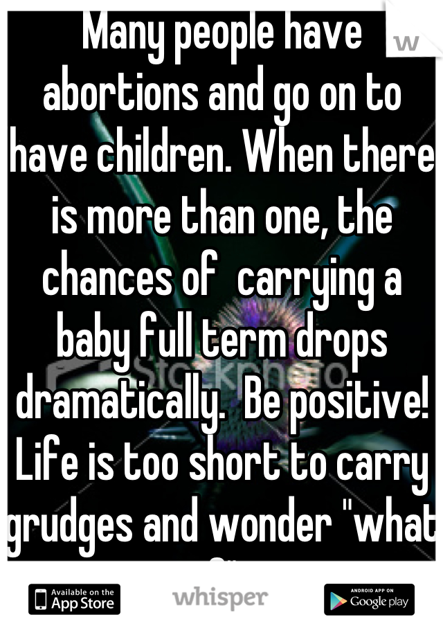 Many people have abortions and go on to have children. When there is more than one, the chances of  carrying a baby full term drops dramatically.  Be positive!  Life is too short to carry grudges and wonder "what if".