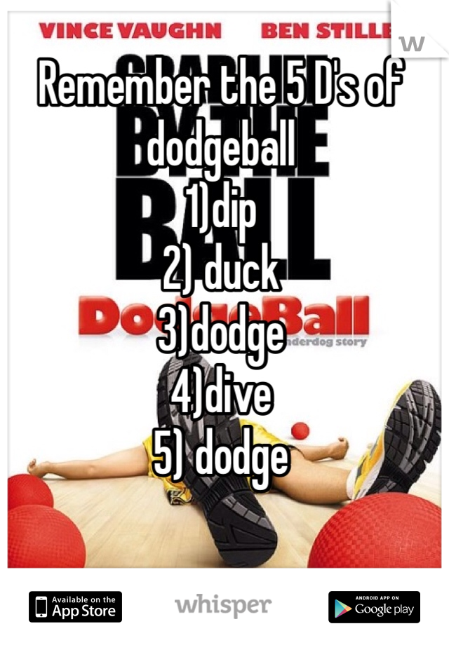 Remember the 5 D's of dodgeball
1)dip
2) duck
3)dodge
4)dive 
5) dodge