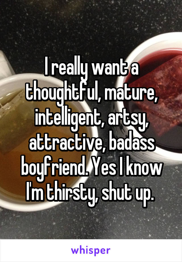 I really want a thoughtful, mature, intelligent, artsy, attractive, badass boyfriend. Yes I know I'm thirsty, shut up. 