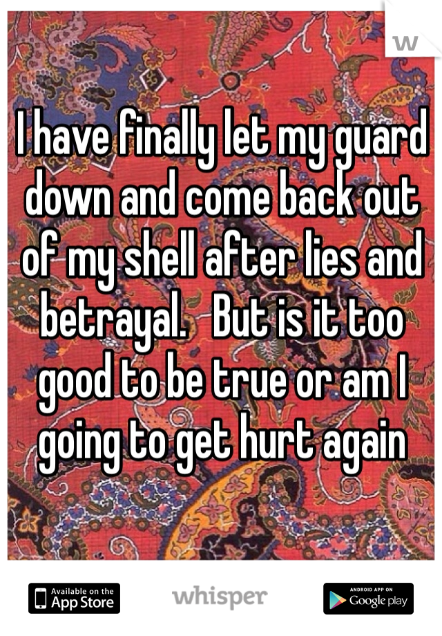 I have finally let my guard down and come back out of my shell after lies and betrayal.   But is it too good to be true or am I going to get hurt again 
