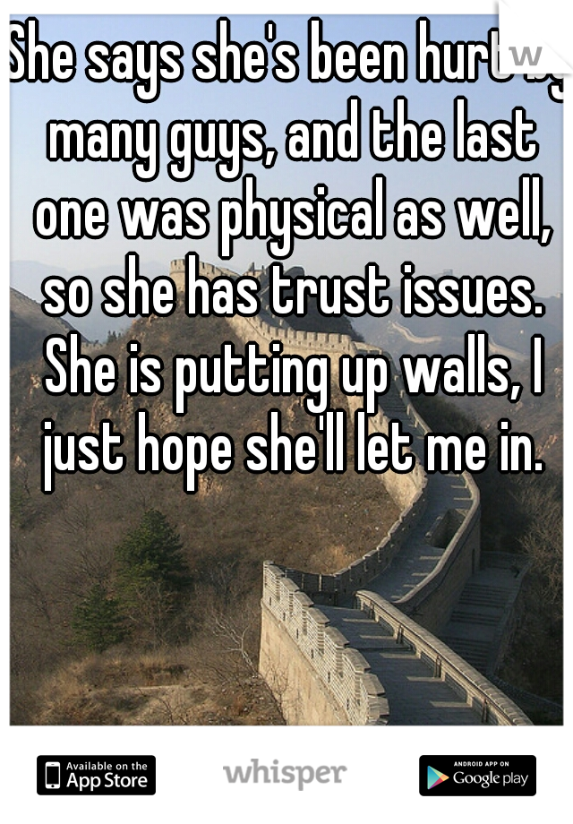 She says she's been hurt by many guys, and the last one was physical as well, so she has trust issues. She is putting up walls, I just hope she'll let me in.