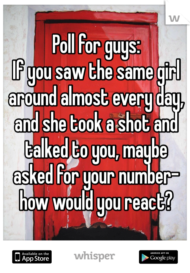 Poll for guys:
If you saw the same girl around almost every day, and she took a shot and talked to you, maybe asked for your number- how would you react?