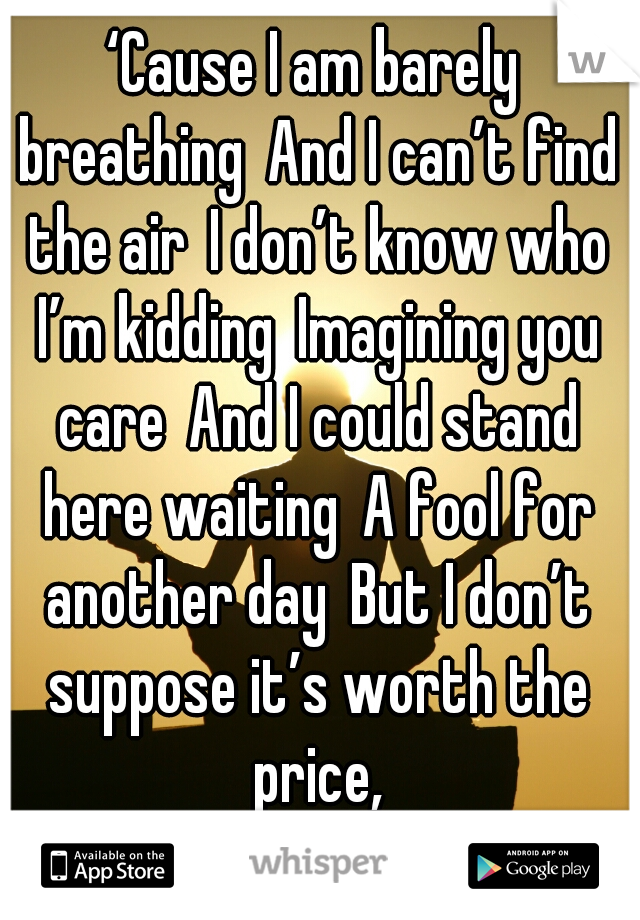 ‘Cause I am barely breathing And I can’t find the air I don’t know who I’m kidding Imagining you care And I could stand here waiting A fool for another day But I don’t suppose it’s worth the price,