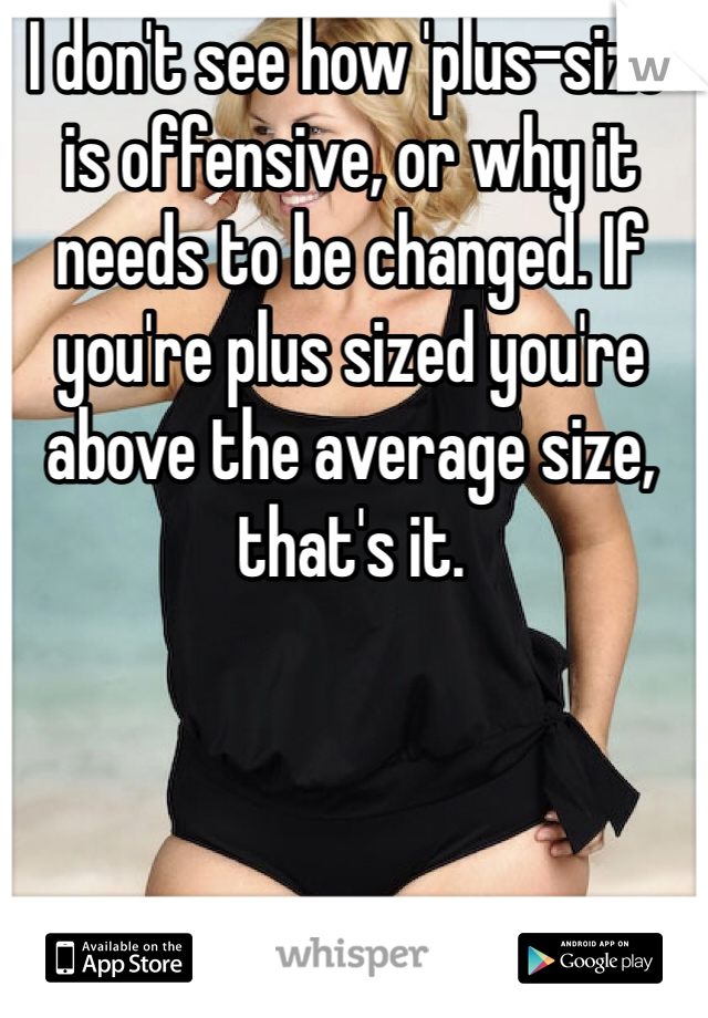 I don't see how 'plus-size' is offensive, or why it needs to be changed. If you're plus sized you're above the average size, that's it. 