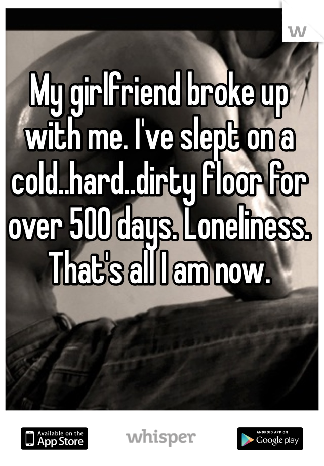 My girlfriend broke up with me. I've slept on a cold..hard..dirty floor for over 500 days. Loneliness. That's all I am now.