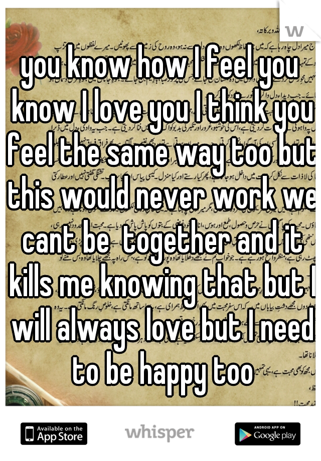 you know how I feel you know I love you I think you feel the same way too but this would never work we cant be  together and it kills me knowing that but I will always love but I need to be happy too